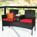 Cozy 2-Piece Wicker Patio Conversation Set with Removable Cushions & Glass Table - Red, featuring vibrant red cushions and a stylish black wicker design.