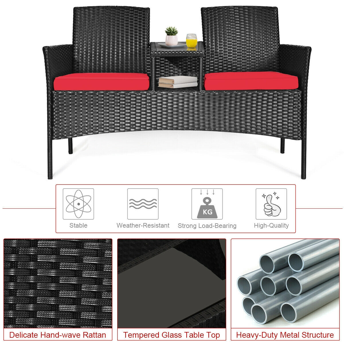 Informative image of the 2-Piece Wicker Patio Conversation Set with Removable Cushions & Glass Table - Red, illustrating the high-quality materials and features like weather-resistance.