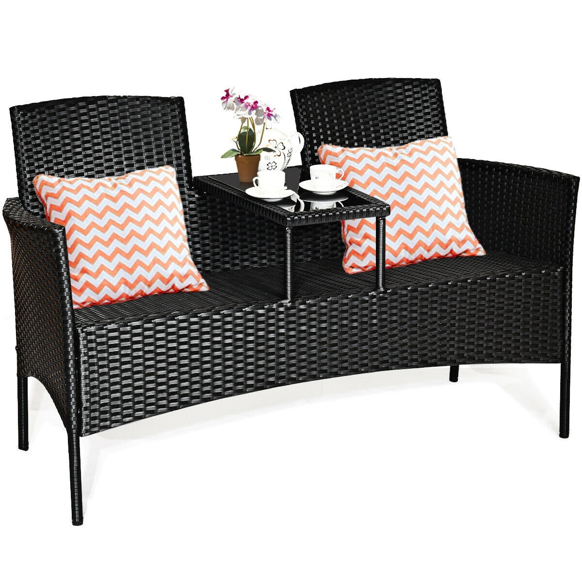 Elegant 2-Piece Wicker Patio Conversation Set with Removable Cushions & Glass Table - Red, accented with patterned pillows and tea setup.