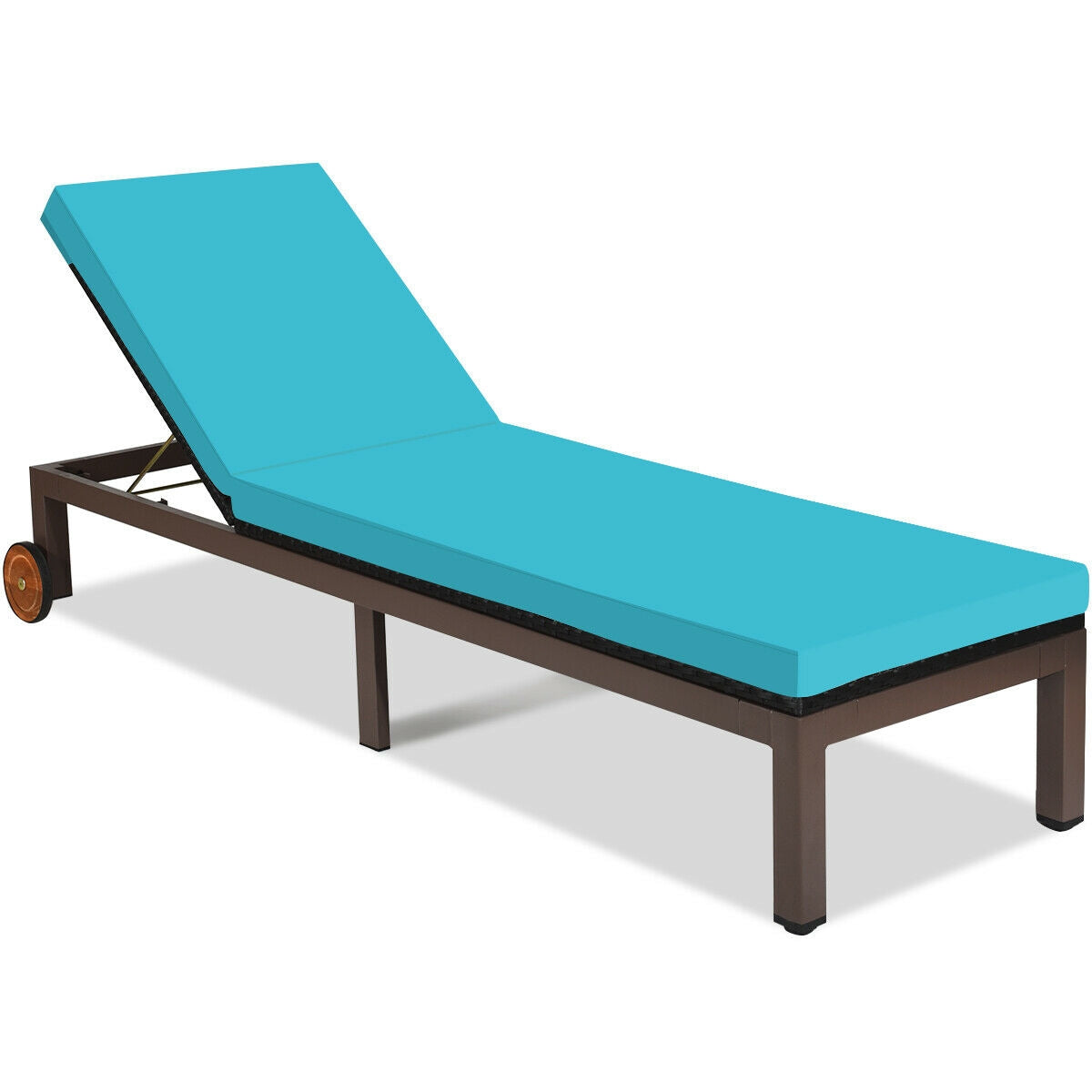 5-Position Adjustable Patio Chaise Lounge Chair – Turquoise Rattan Lounger with Cushions by Dream Yard Oasis, highlighting its vibrant turquoise color and sturdy structure.