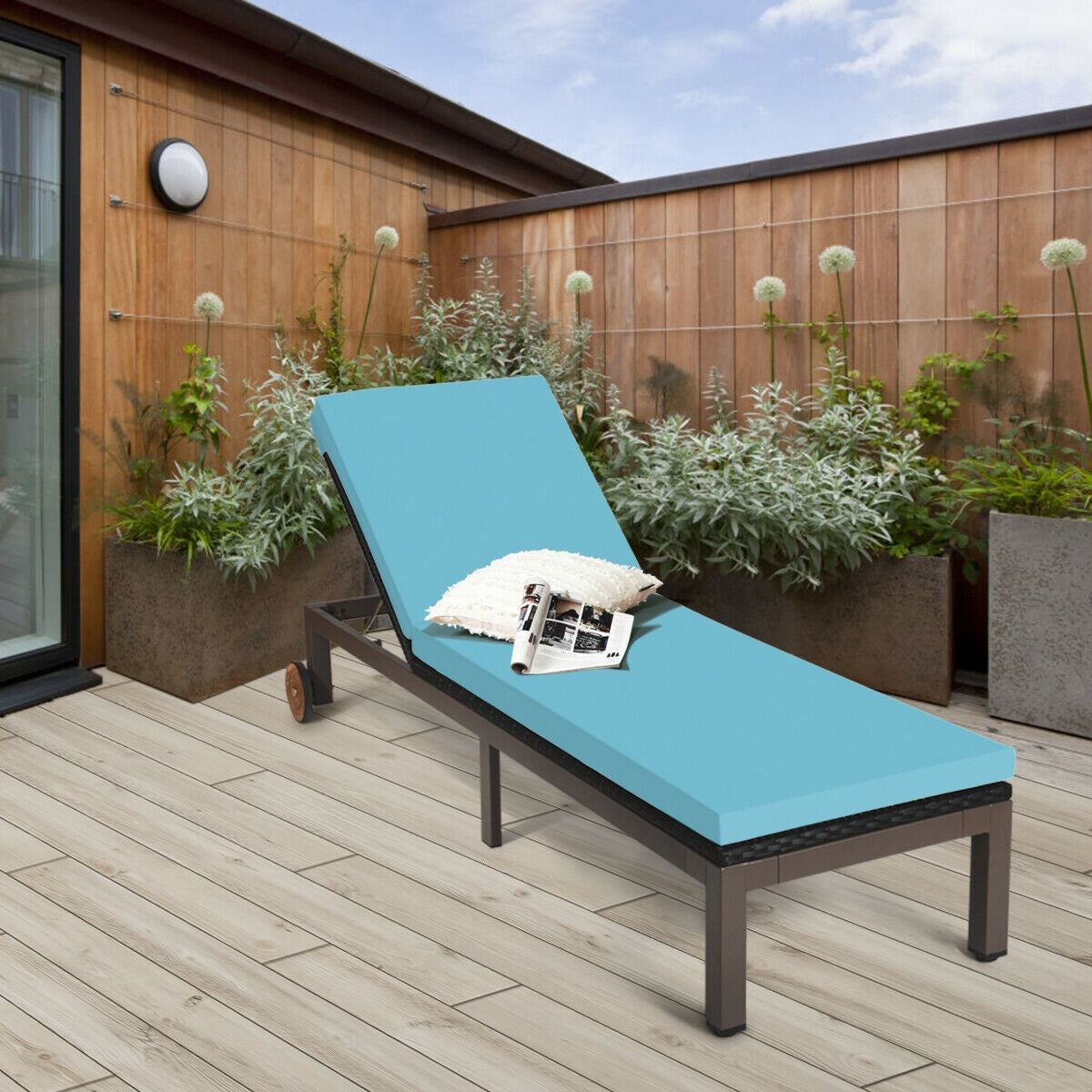 5-Position Adjustable Patio Chaise Lounge Chair – Turquoise Rattan Lounger with Cushions by Dream Yard Oasis, styled beautifully in a modern outdoor space.