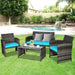 4-Piece Turquoise Rattan Patio Furniture Set with Cushions in a backyard setting featuring a cozy loveseat, two chairs, and a coffee table, perfect for outdoor relaxation.