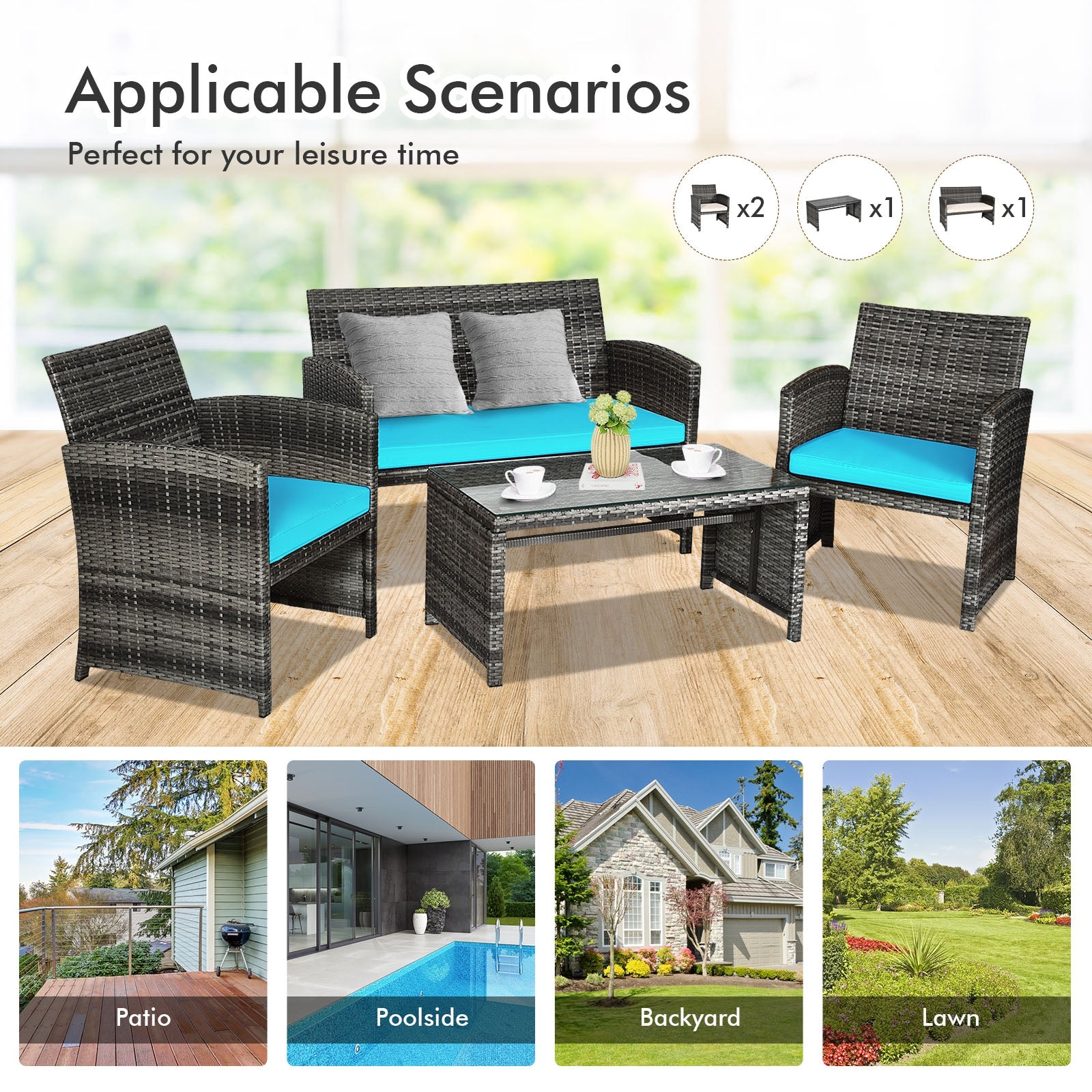 4-Piece Turquoise Rattan Patio Furniture Set with Cushions shown in various applicable scenarios like patio and poolside, illustrating its versatility for leisure time.