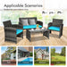 4-Piece Turquoise Rattan Patio Furniture Set with Cushions shown in various applicable scenarios like patio and poolside, illustrating its versatility for leisure time.