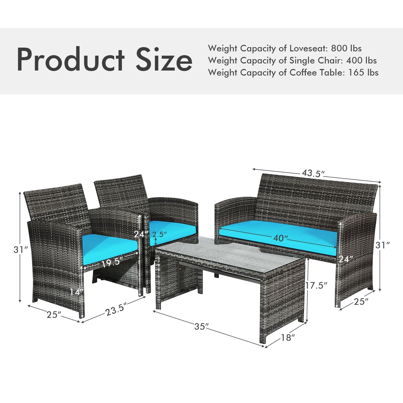 Size and capacity specifications for the 4-Piece Turquoise Rattan Patio Furniture Set with Cushions, highlighting measurements and weight limits.