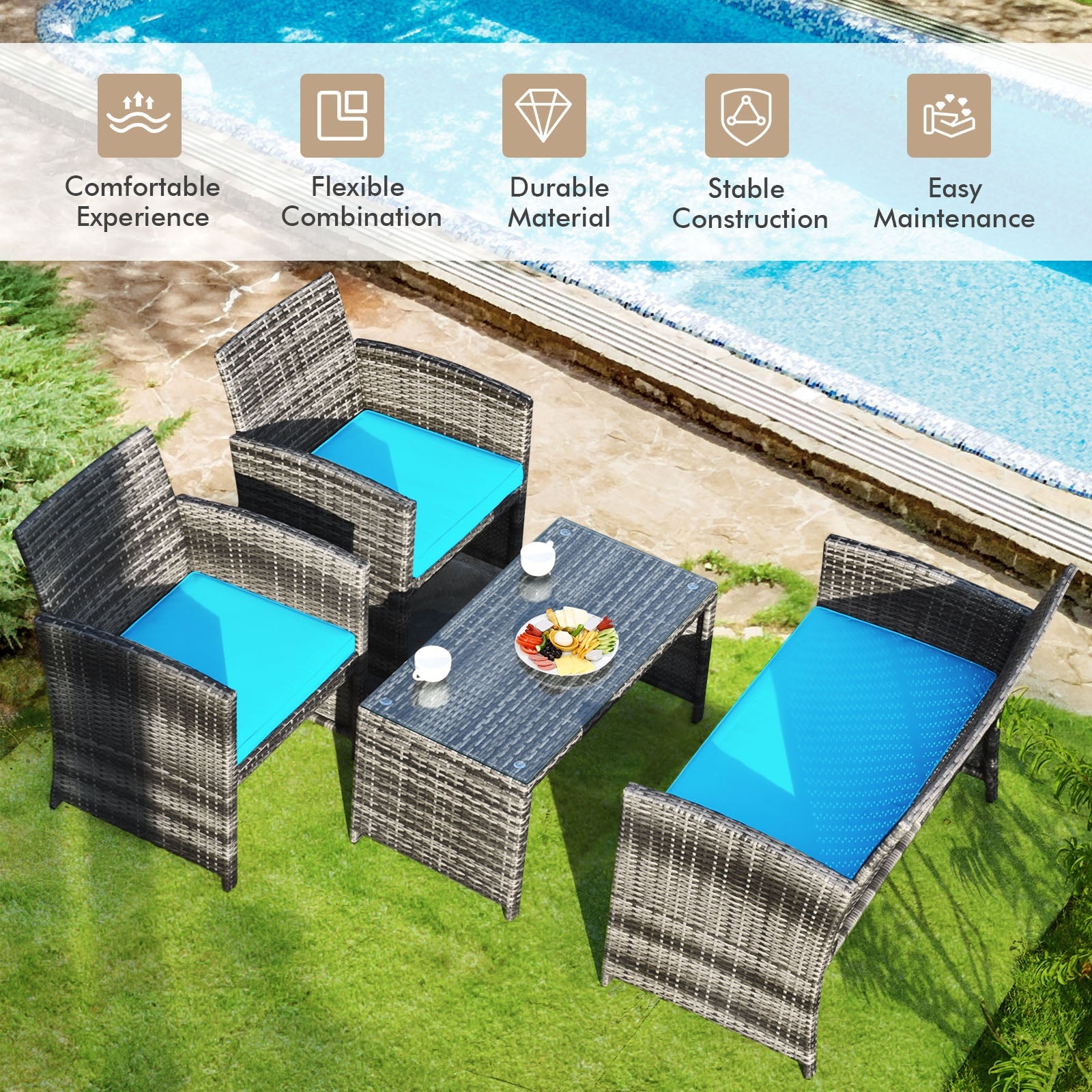 4-Piece Turquoise Rattan Patio Furniture Set with Cushions displayed in a sunny backyard, emphasizing its comfortable experience and stable construction.