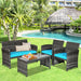 4-Piece Turquoise Rattan Patio Furniture Set with Cushions arranged in a tropical garden with a pool, showcasing a loveseat, two chairs, and a stylish coffee table.