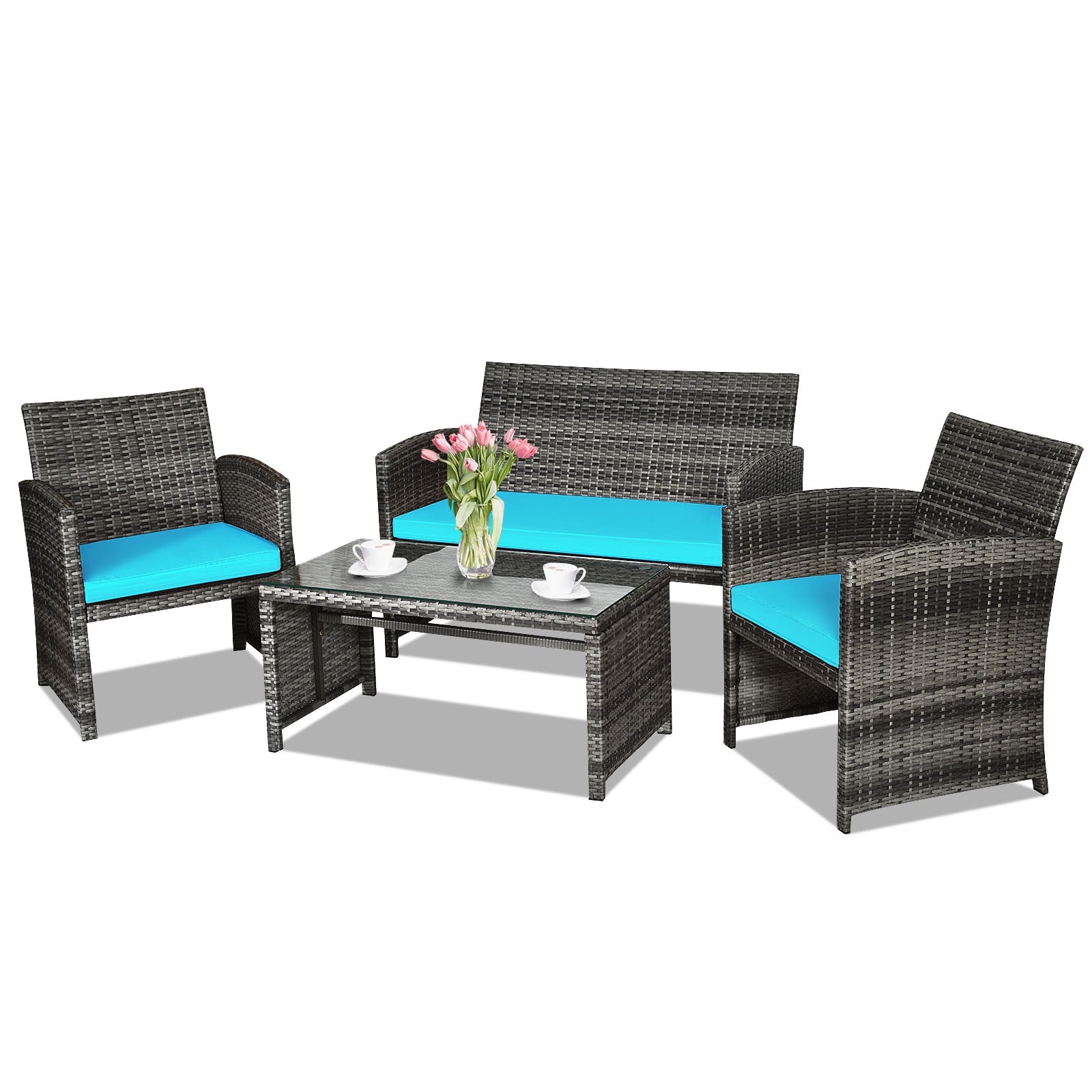 4-Piece Turquoise Rattan Patio Furniture Set with Cushions showcasing a cozy arrangement with flowers and a coffee table, perfect for outdoor relaxation.