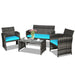 4-Piece Turquoise Rattan Patio Furniture Set with Cushions showcasing a cozy arrangement with flowers and a coffee table, perfect for outdoor relaxation.