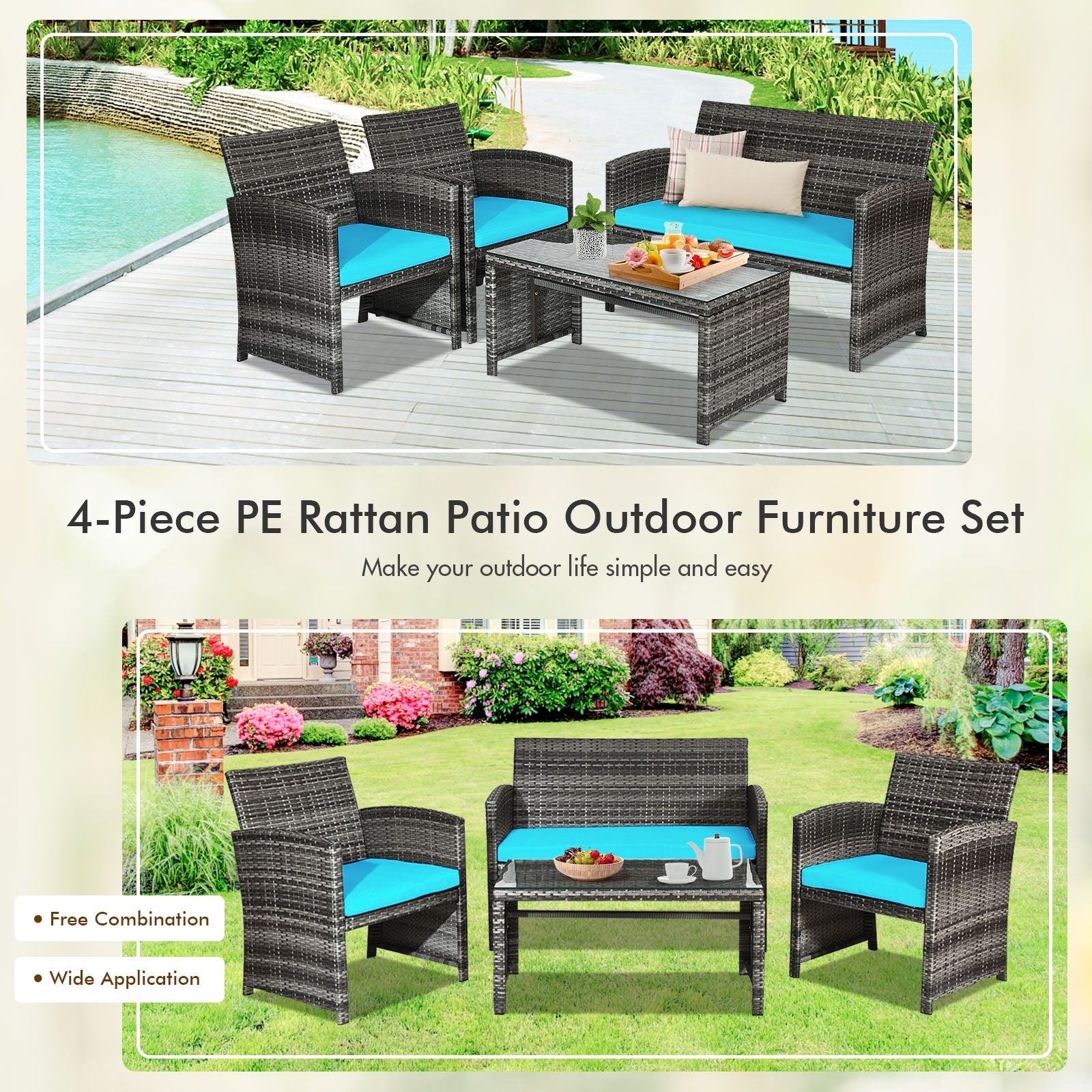 4-Piece Turquoise Rattan Patio Furniture Set featuring a stylish loveseat, two comfortable chairs, and a coffee table set on a patio, perfect for outdoor gatherings.
