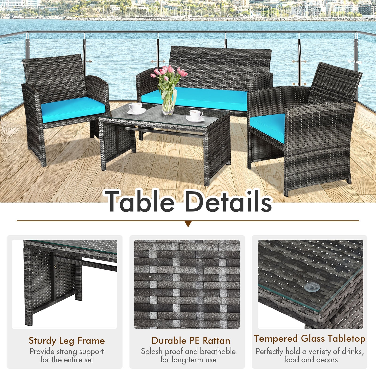 Table details of the 4-Piece Turquoise Rattan Patio Furniture Set, showcasing sturdy leg frame and durable PE rattan material for long-lasting outdoor use.