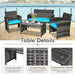 Table details of the 4-Piece Turquoise Rattan Patio Furniture Set, showcasing sturdy leg frame and durable PE rattan material for long-lasting outdoor use.