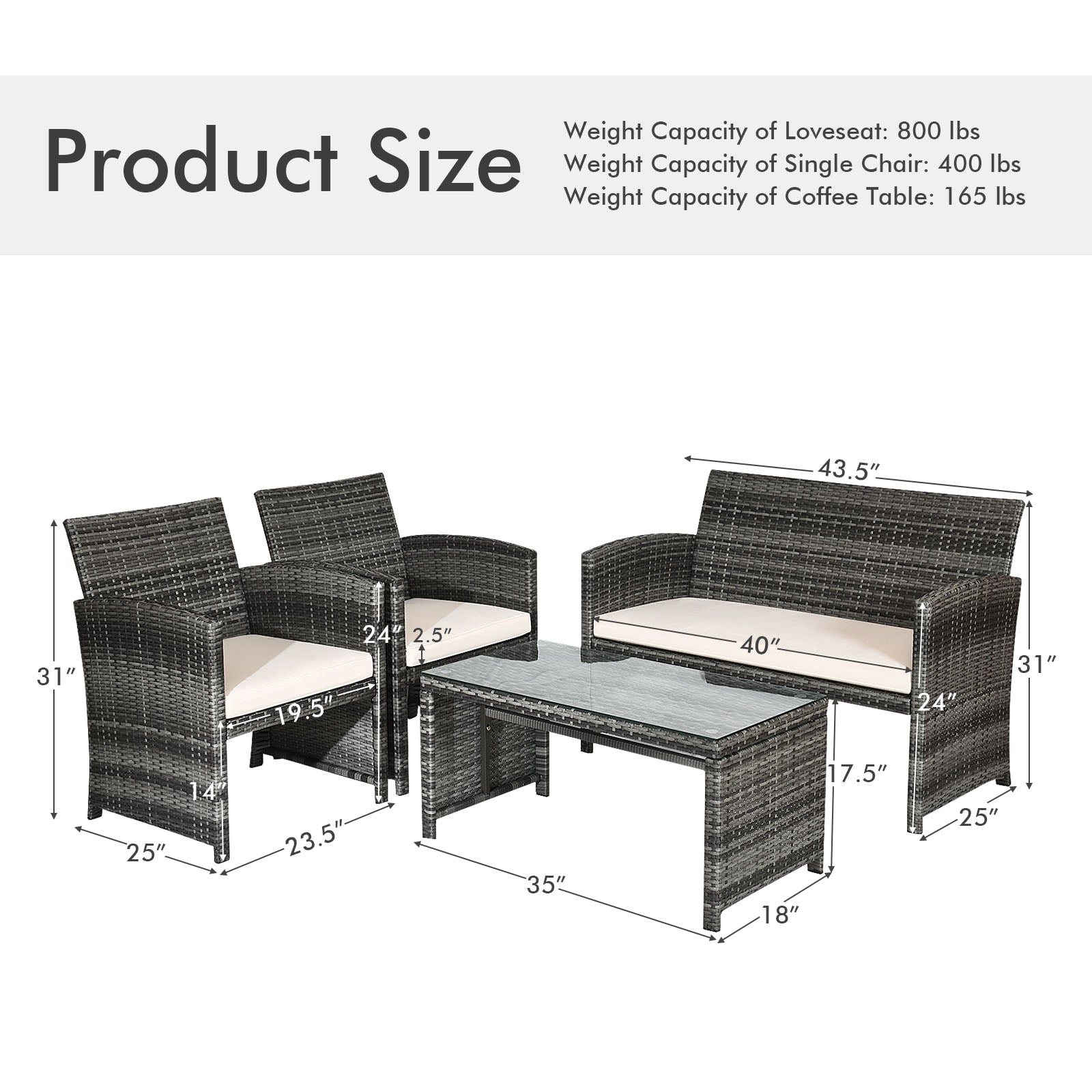 Detailed product size and weight capacity information for the 4-Piece White Patio Rattan Furniture Set, showcasing sturdy construction.
