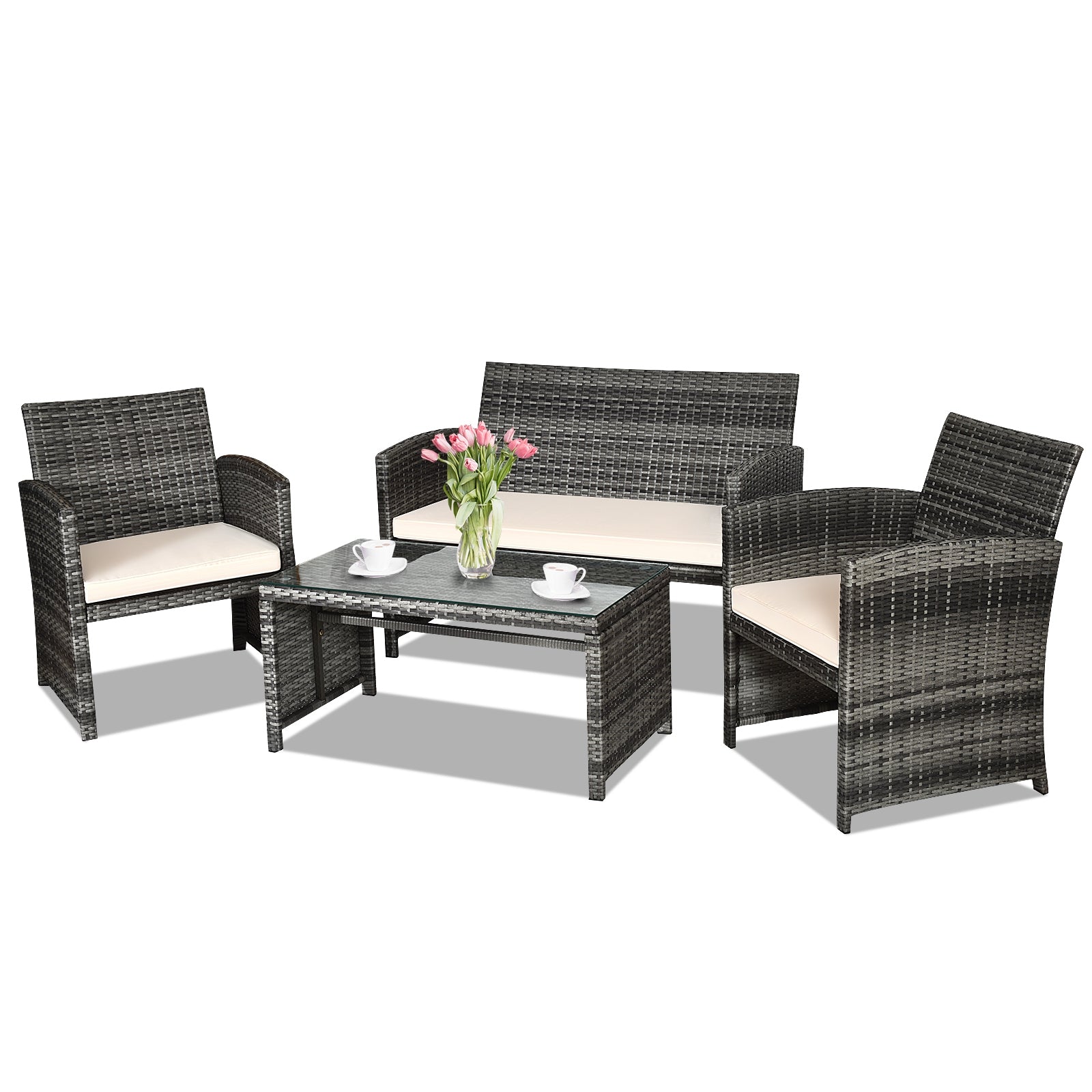 Stylish 4-Piece White Patio Rattan Furniture Set with a cozy loveseat and chairs, ideal for outdoor gatherings.