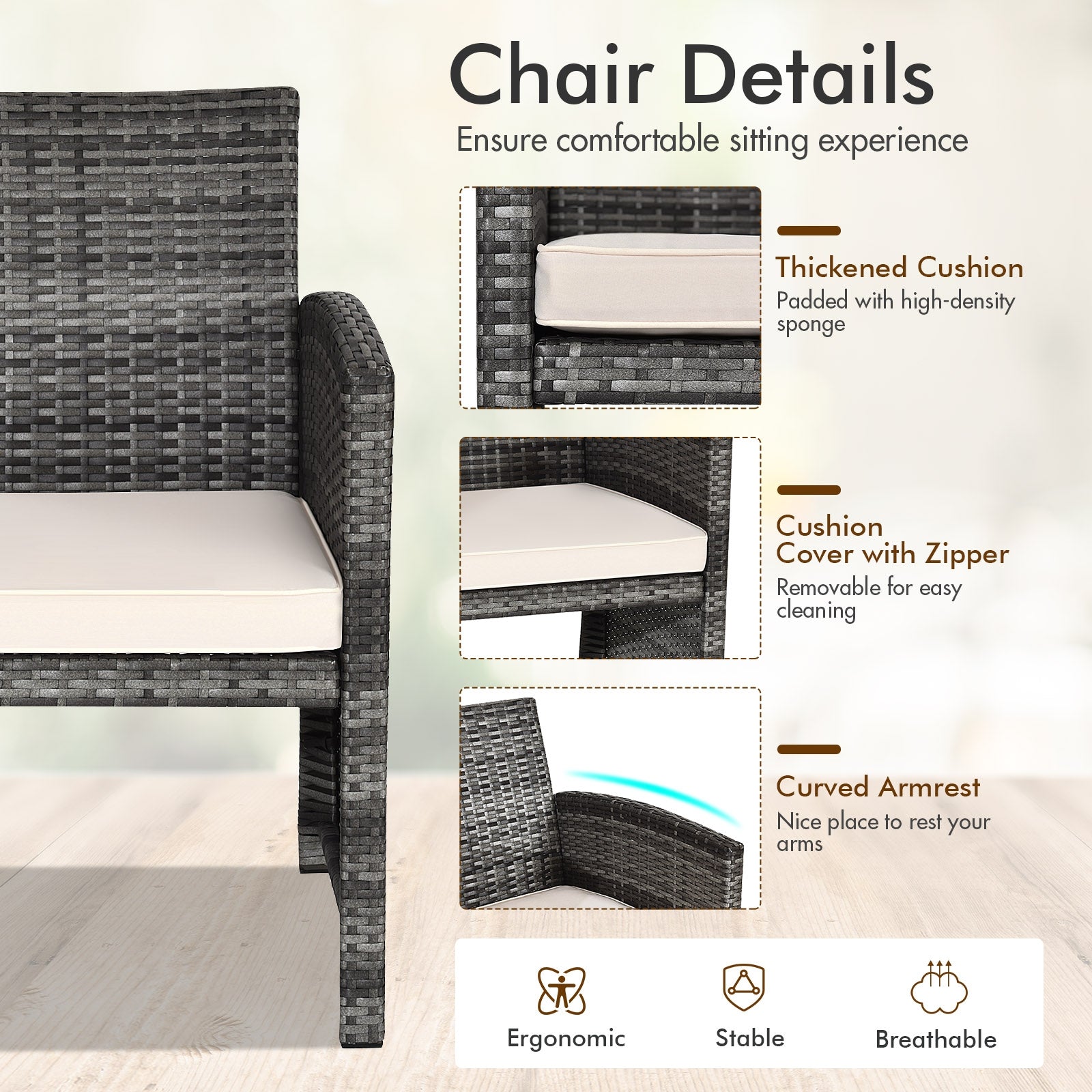 Chair details of the 4-Piece White Patio Rattan Furniture Set highlighting thick cushions and ergonomic design for comfort.