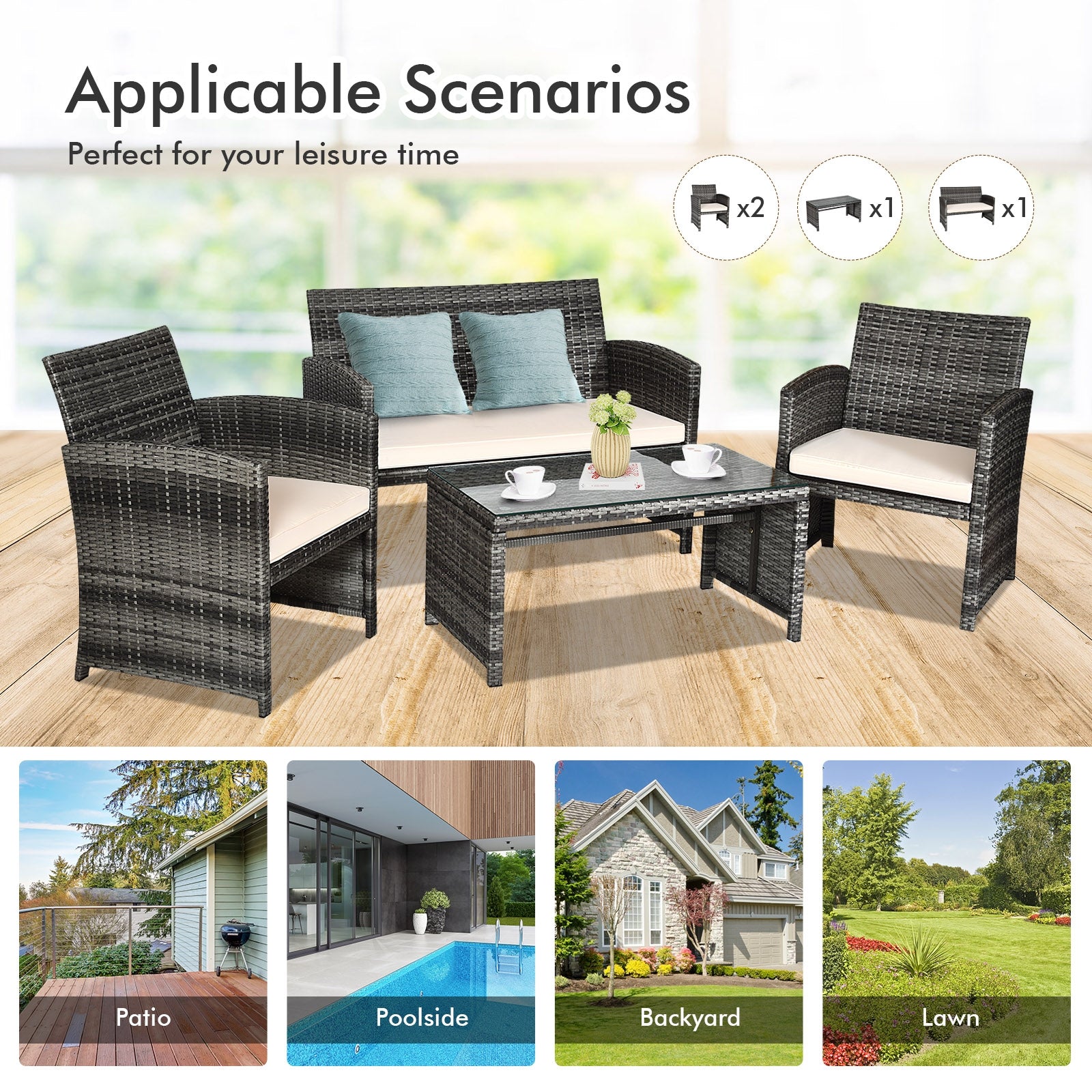 4-Piece White Patio Rattan Furniture Set with Cushioned Sofa and Glass Table - Durable & Stylish highlighting different scenarios where the furniture set can be used, including patio, poolside, backyard, and lawn.