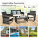 4-Piece White Patio Rattan Furniture Set with Cushioned Sofa and Glass Table - Durable & Stylish highlighting different scenarios where the furniture set can be used, including patio, poolside, backyard, and lawn.