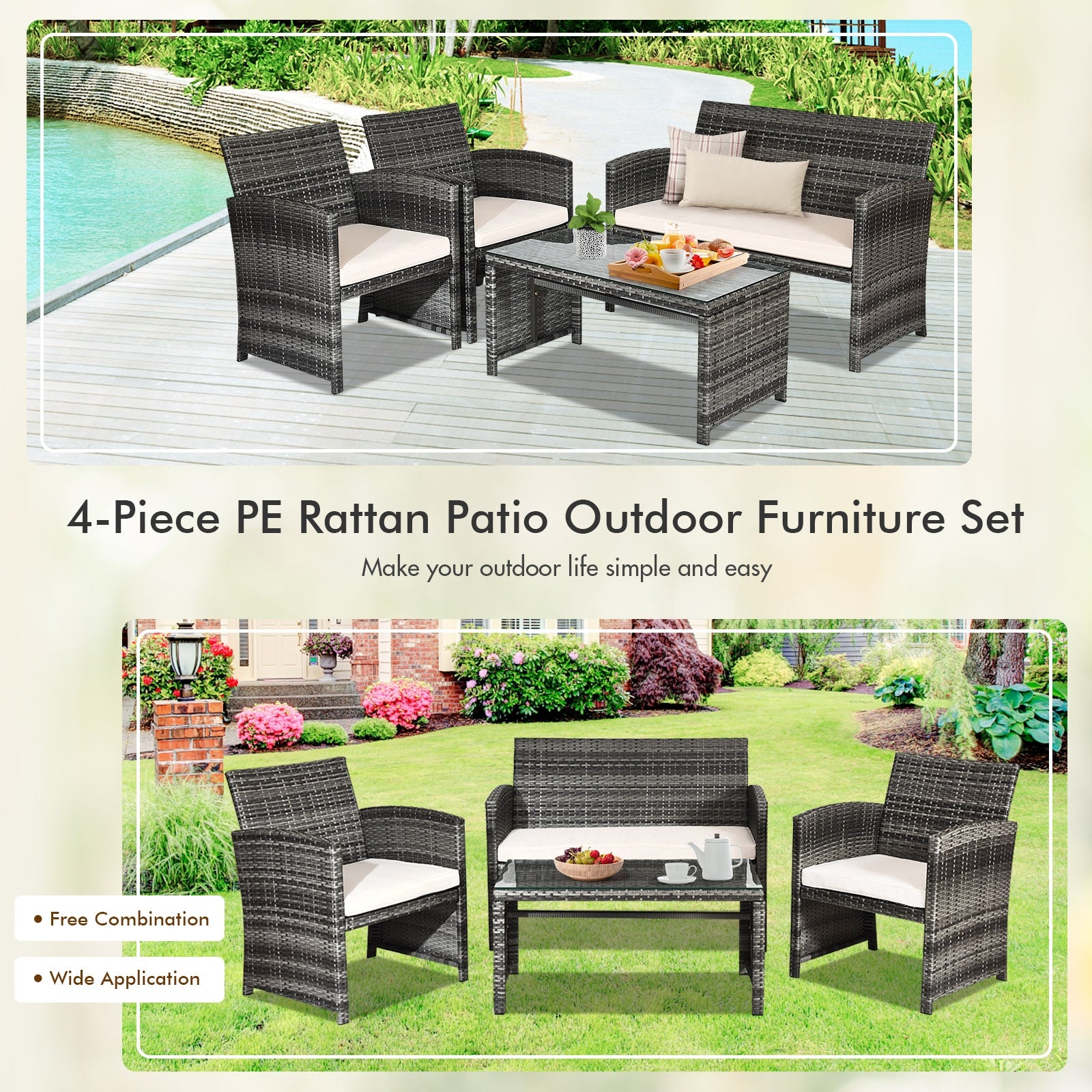 4-Piece White Patio Rattan Furniture Set with Cushioned Sofa and Glass Table - Durable & Stylish displayed in a bright outdoor setting with a poolside view, showcasing the versatile arrangement for easy outdoor living.