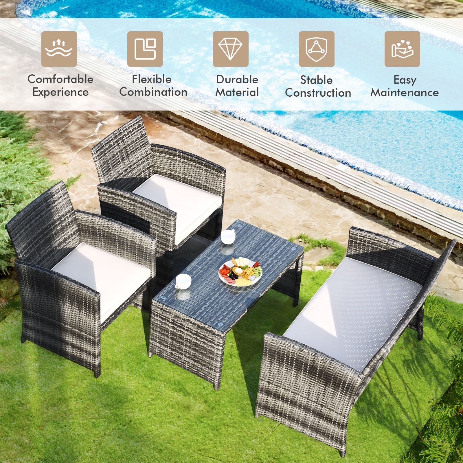 4-Piece White Patio Rattan Furniture Set featuring cushioned chairs and a glass table by the pool, perfect for outdoor relaxation.