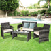 4-Piece White Patio Rattan Furniture Set featuring a cushioned sofa, two chairs, and a glass table in a lush outdoor setting with a pool, perfect for relaxing and entertaining.