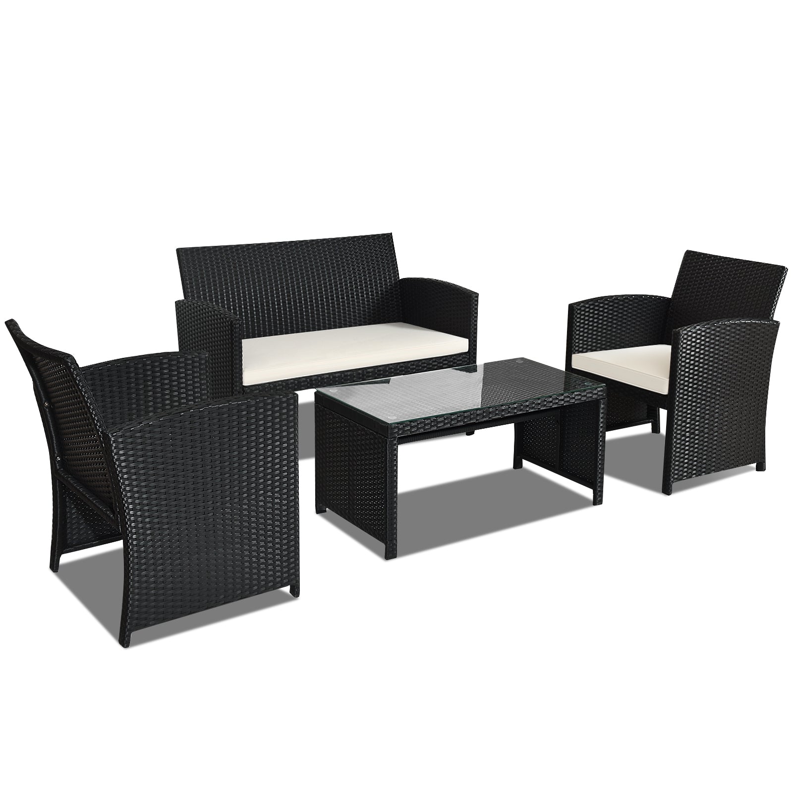 4-Piece Rattan Patio Furniture Set with Weather-Resistant Cushions & Tempered Glass Tabletop, styled in an outdoor setting, featuring a coffee table, loveseat, and chairs.