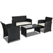 4-Piece Rattan Patio Furniture Set with Weather-Resistant Cushions & Tempered Glass Tabletop, styled in an outdoor setting, featuring a coffee table, loveseat, and chairs.