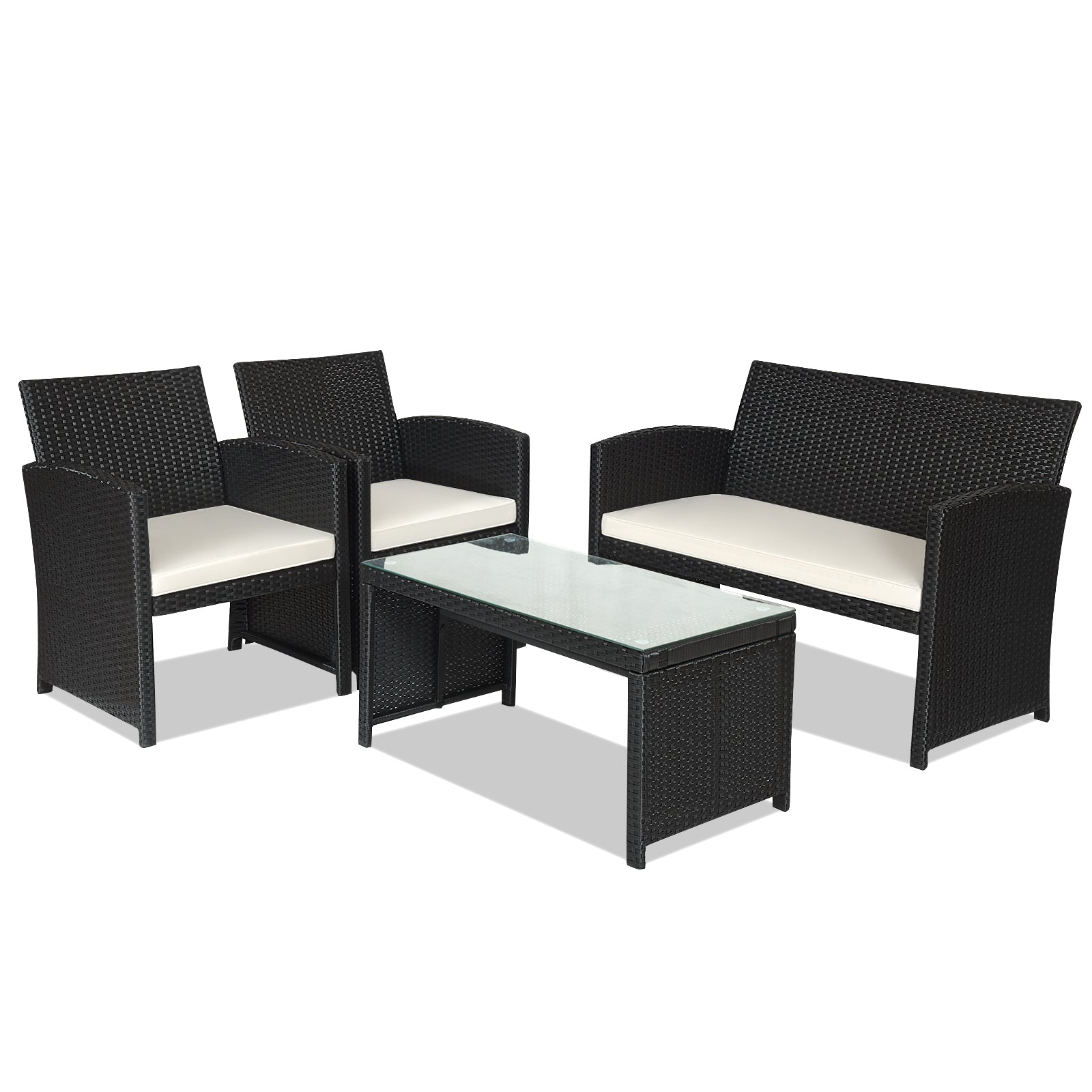 4-Piece Rattan Patio Furniture Set with Weather-Resistant Cushions & Tempered Glass Tabletop featuring black rattan design and waterproof cushions.