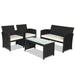 4-Piece Rattan Patio Furniture Set with Weather-Resistant Cushions & Tempered Glass Tabletop featuring black rattan design and waterproof cushions.