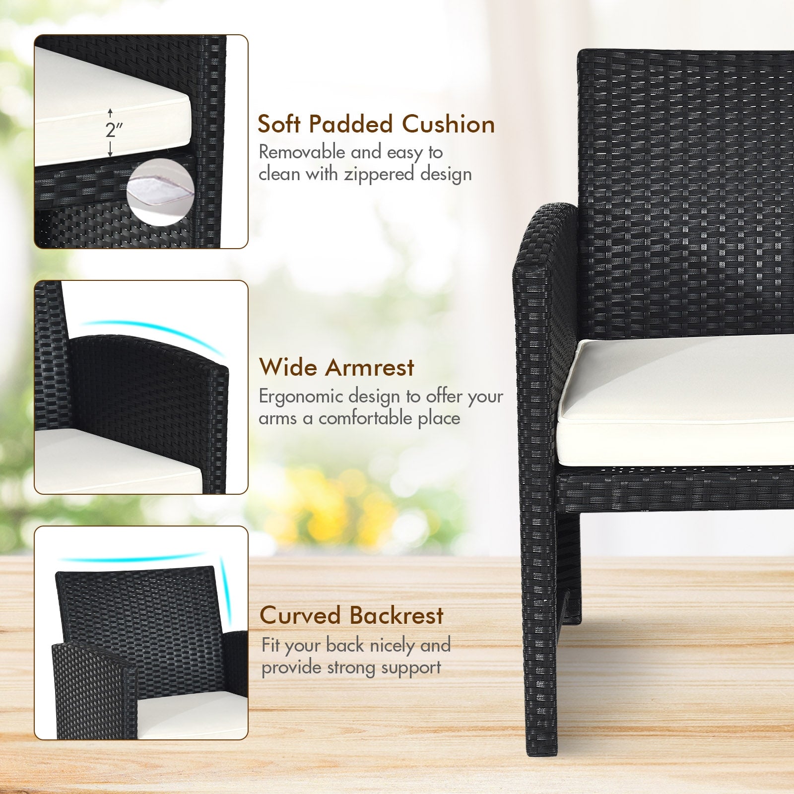 Features of the 4-Piece Rattan Patio Furniture Set with Weather-Resistant Cushions & Tempered Glass Tabletop, showcasing the soft padded cushions and ergonomic design.