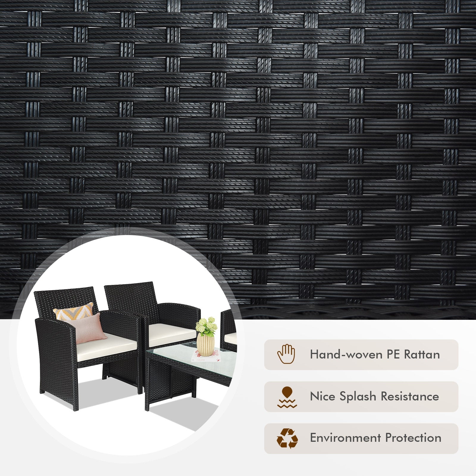 Close-up of the hand-woven black PE rattan used in the 4-Piece Rattan Patio Furniture Set with Weather-Resistant Cushions & Tempered Glass Tabletop, showcasing its durability and design.