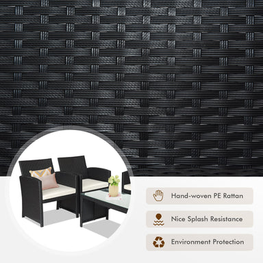 Close-up of the hand-woven black PE rattan used in the 4-Piece Rattan Patio Furniture Set with Weather-Resistant Cushions & Tempered Glass Tabletop, showcasing its durability and design.