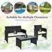 Versatile 4-Piece Rattan Patio Furniture Set with Weather-Resistant Cushions & Tempered Glass Tabletop suitable for patio, poolside, or backyard, highlighting its dimensions.
