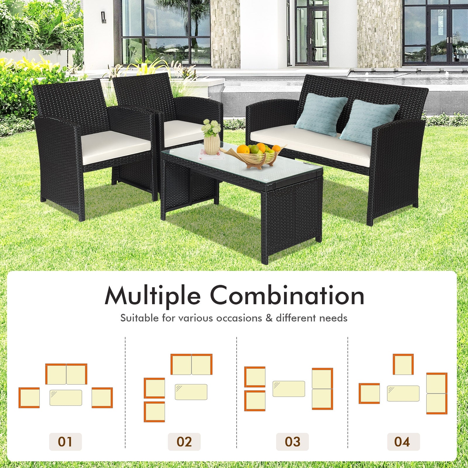 4-Piece Rattan Patio Furniture Set with Weather-Resistant Cushions & Tempered Glass Tabletop showcasing various arrangement options on grassy outdoor area.