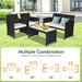 4-Piece Rattan Patio Furniture Set with Weather-Resistant Cushions & Tempered Glass Tabletop showcasing various arrangement options on grassy outdoor area.