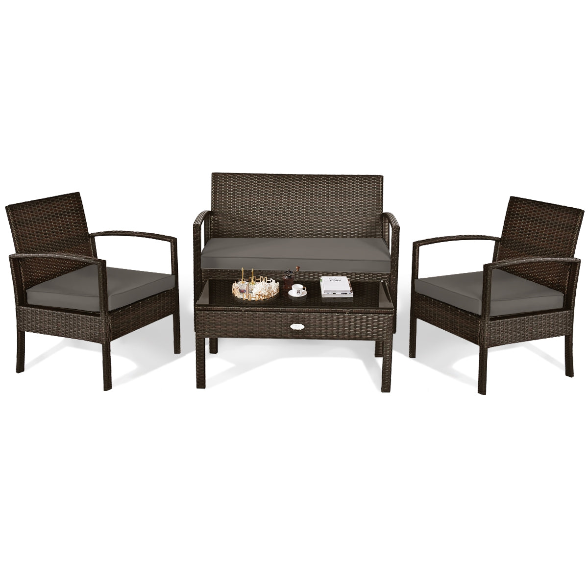 4-Piece Patio Rattan Furniture Set with Cushions, Loveseat, & Table - Brown Outdoor Bliss featuring a stylish and modern design, with a cozy coffee table and decorative accents.