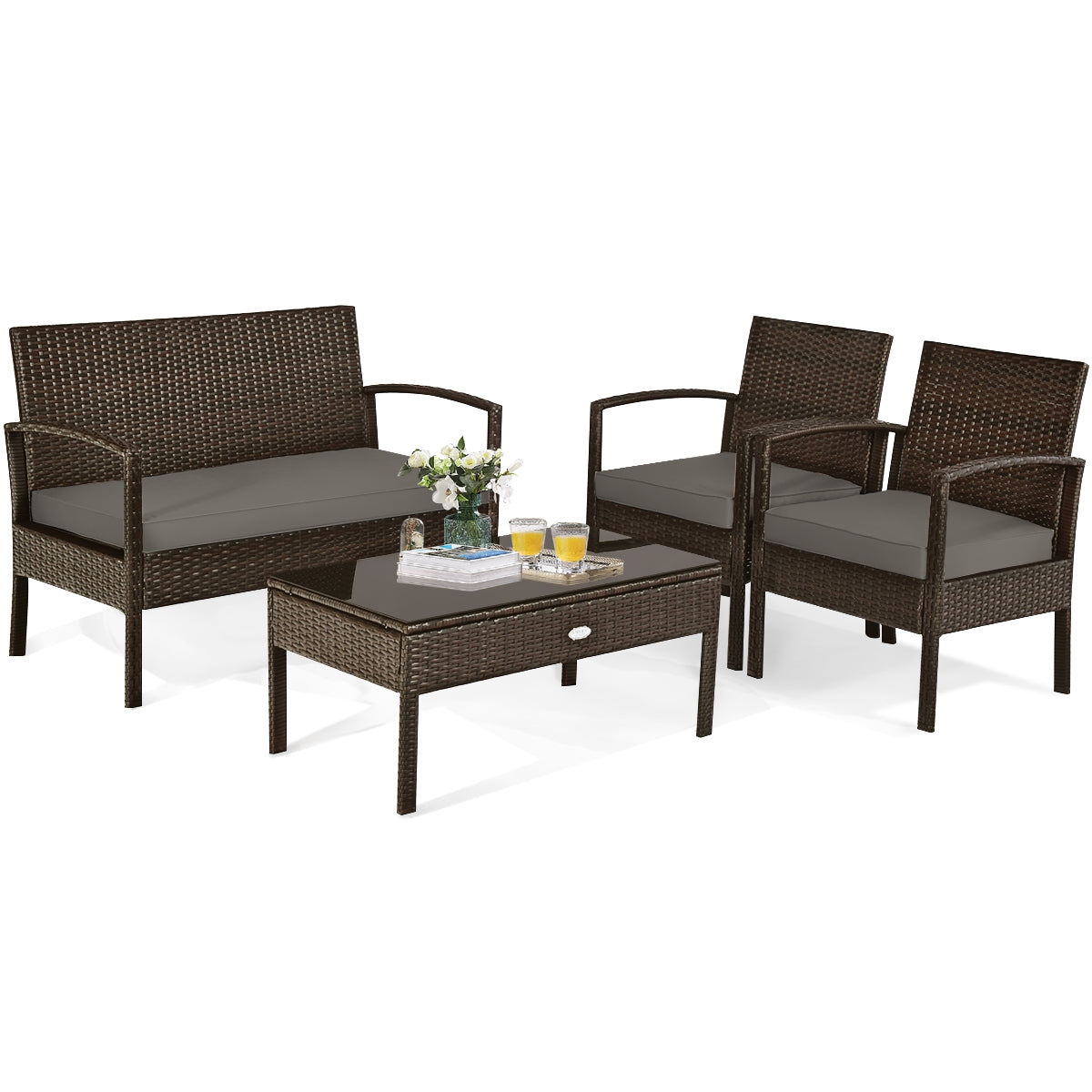 4-Piece Patio Rattan Furniture Set with Cushions, Loveseat, & Table - Brown Outdoor Bliss displayed in a minimalist setting, highlighting its elegant design and comfortable features.