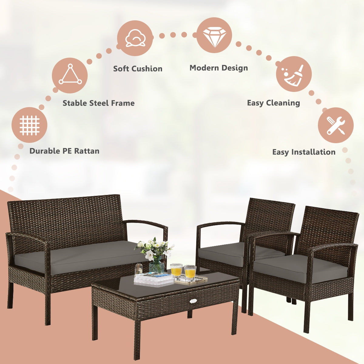 4-Piece Patio Rattan Furniture Set with Cushions, Loveseat, & Table - Brown Outdoor Bliss featuring a modern design with soft cushions and a stable steel frame, ideal for outdoor settings.