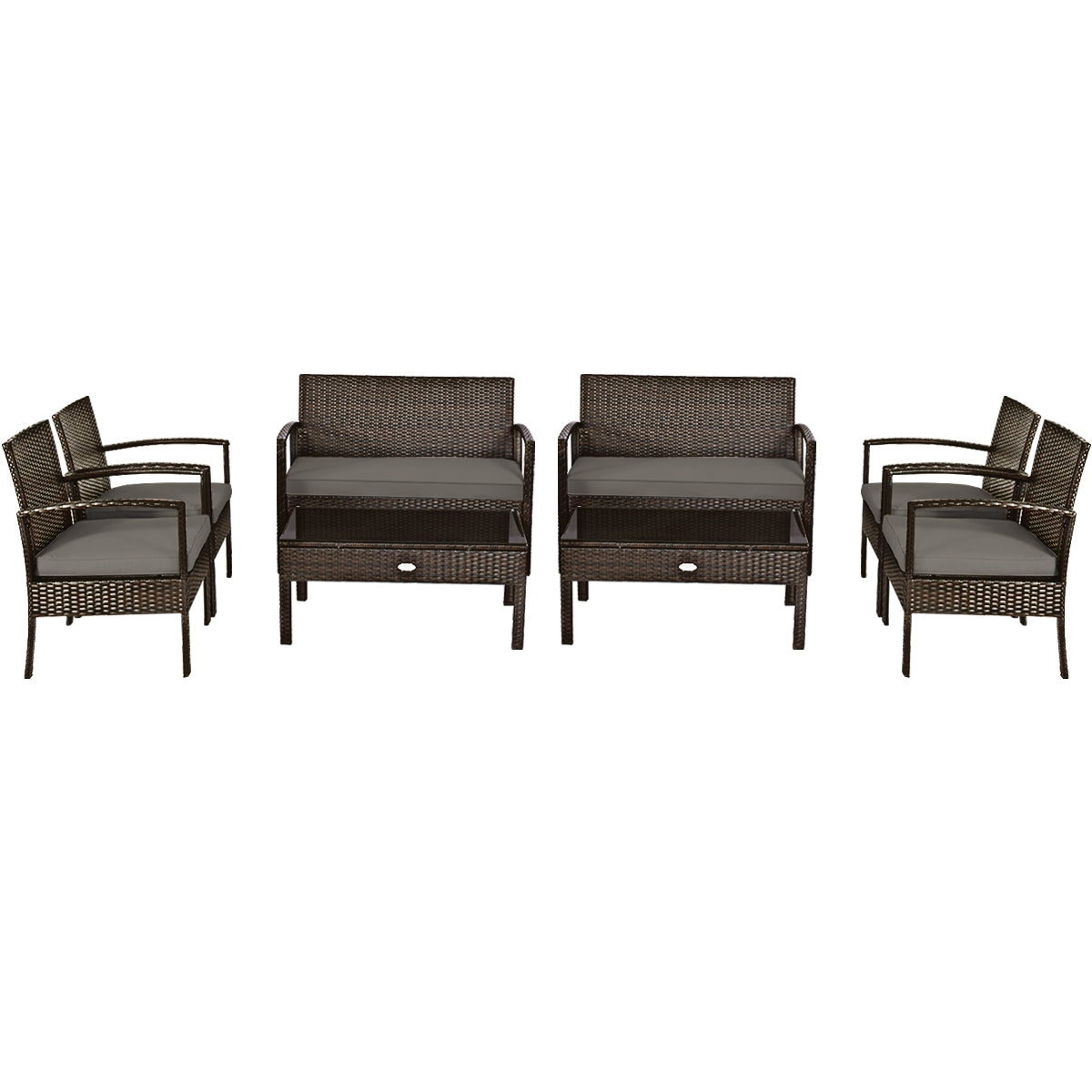 4-Piece Patio Rattan Furniture Set with Cushions, Loveseat, & Table - Brown Outdoor Bliss featuring disassembled pieces to illustrate easy installation options for outdoor spaces.