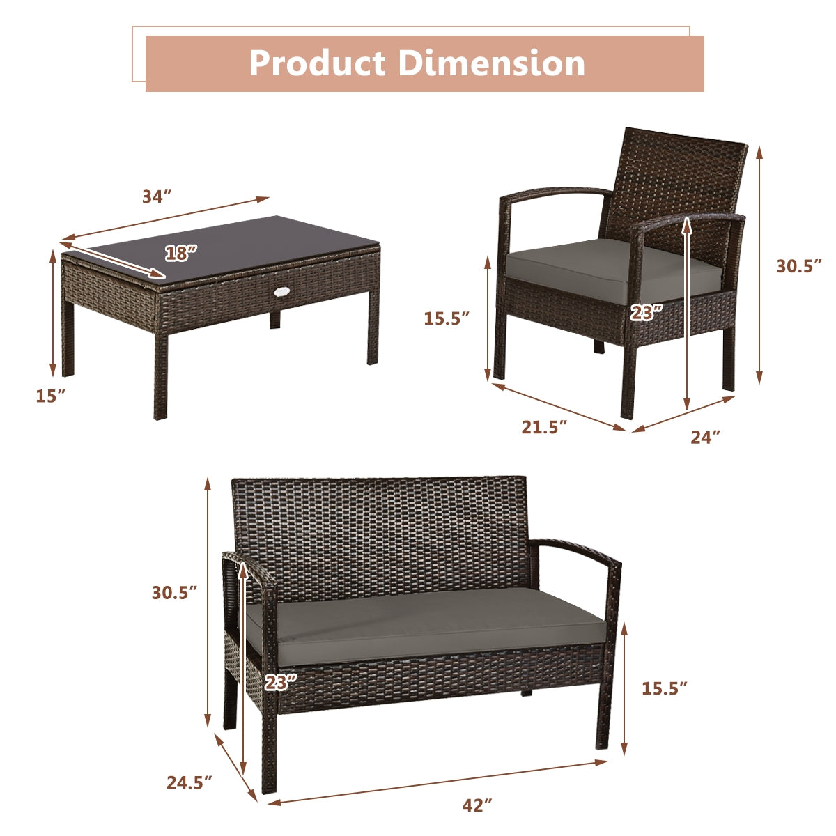 Product dimensions of the 4-Piece Patio Rattan Furniture Set with Cushions, Loveseat, & Table - Brown Outdoor Bliss, showcasing specific measurements for the table and chairs.