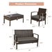 Product dimensions of the 4-Piece Patio Rattan Furniture Set with Cushions, Loveseat, & Table - Brown Outdoor Bliss, showcasing specific measurements for the table and chairs.