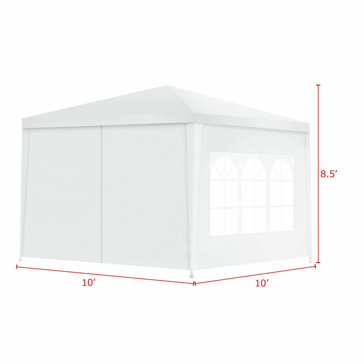 Dimensions of the 10'x10' Outdoor Canopy Tent with 4 Removable Sidewalls illustrated with height and width measurements.
