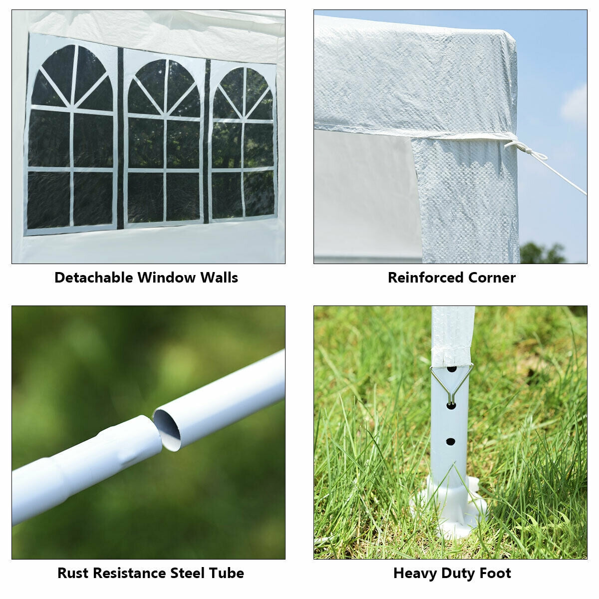 Close-up of Dream Yard Oasis 10'x10' Outdoor Canopy Tent with 4 Removable Sidewalls, highlighting features such as detachable window walls, rust-resistant steel tubes, and reinforced corners.