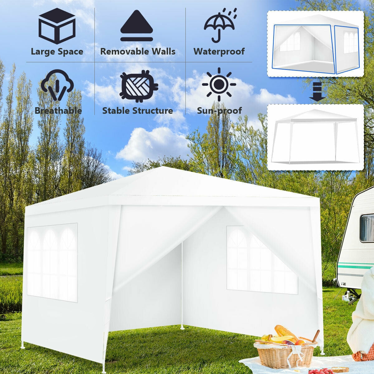 Dream Yard Oasis 10'x10' Outdoor Canopy Tent with 4 Removable Sidewalls, showcasing features like removable walls and a spacious design in a scenic outdoor setting.