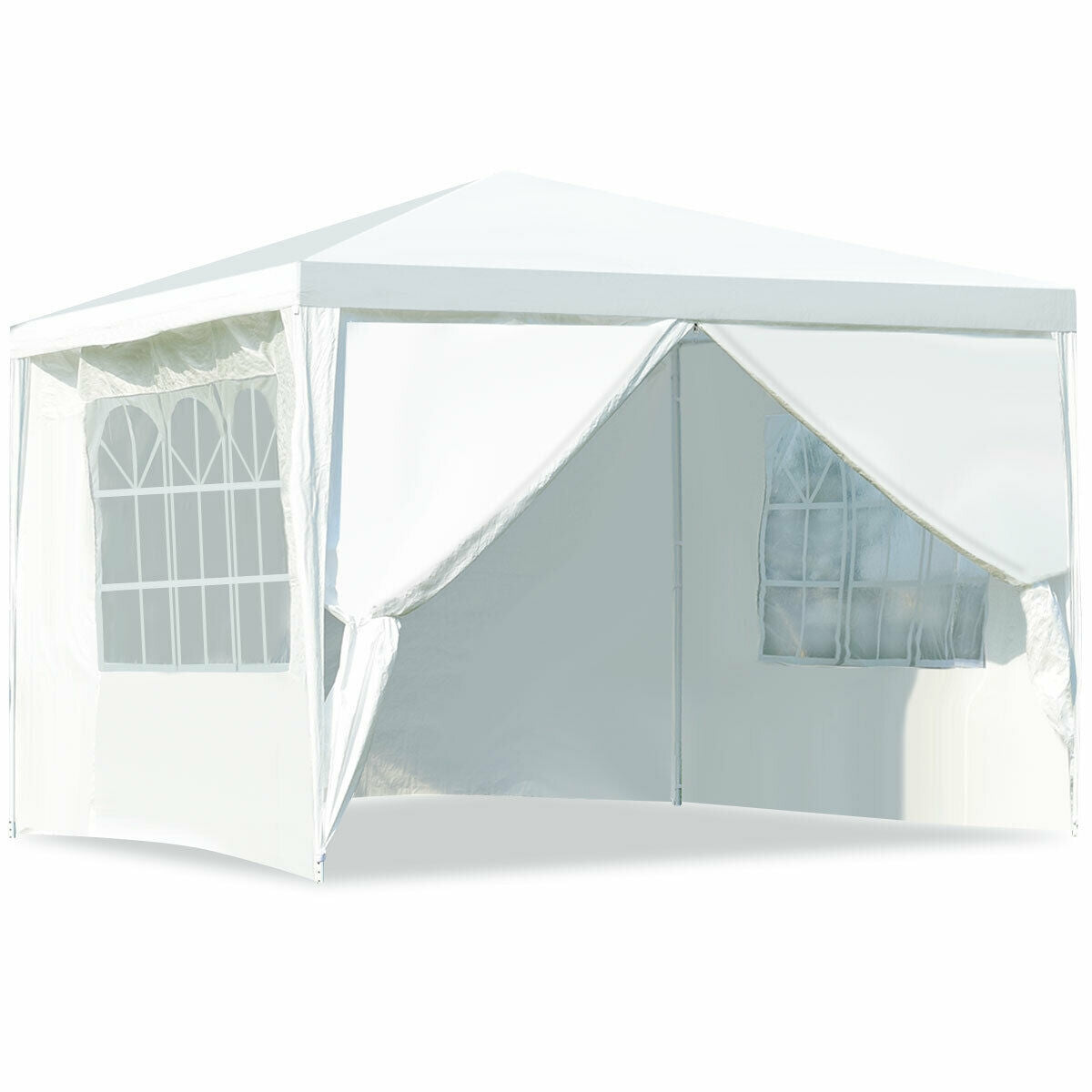 Dream Yard Oasis 10'x10' Outdoor Canopy Tent with 4 Removable Sidewalls, showing the tent set up with one sidewall up, ideal for outdoor gatherings, waterproof and UV resistant.