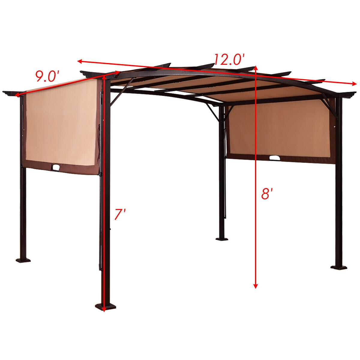 Dimensions of the 12' x 9' Outdoor Pergola with Retractable Canopy for Shade & Weather Protection, emphasizing its spacious coverage.