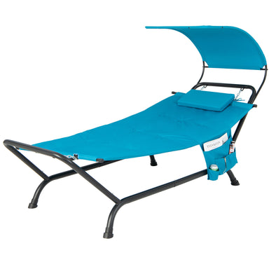 Navy Hanging Chaise Lounge Chair with Canopy, featuring a thick cushion, side storage pocket, and anti-slip feet. Ideal for outdoor relaxation in your patio or garden.