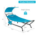 Navy Hanging Chaise Lounge Chair with Canopy, Thick Cushion, Storage Pocket & Anti-Slip Feet, featuring product dimensions and weight capacity for potential buyers.