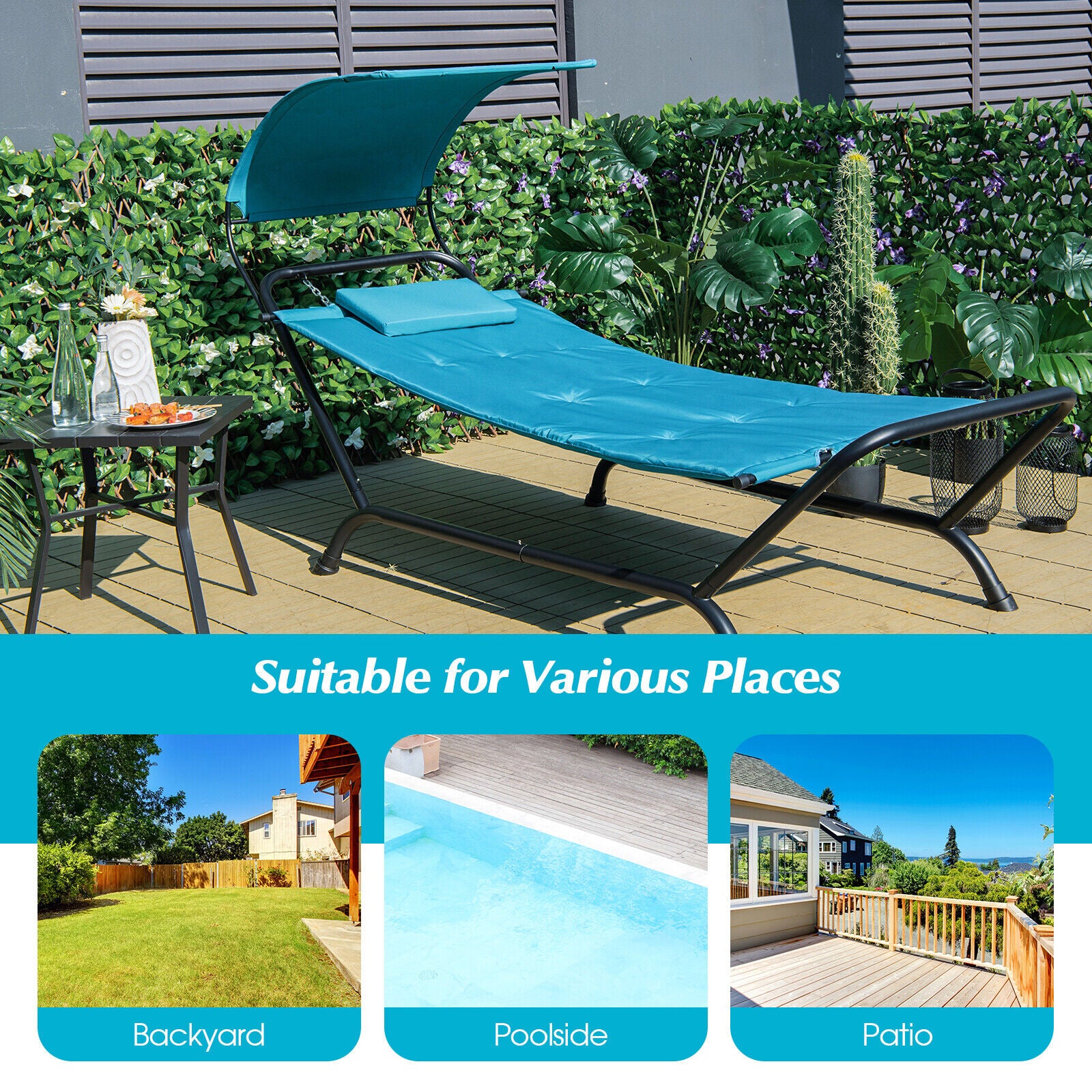 Navy Hanging Chaise Lounge Chair with Canopy, Thick Cushion, Storage Pocket & Anti-Slip Feet, displayed in a garden setting, ideal for backyard or poolside relaxation.