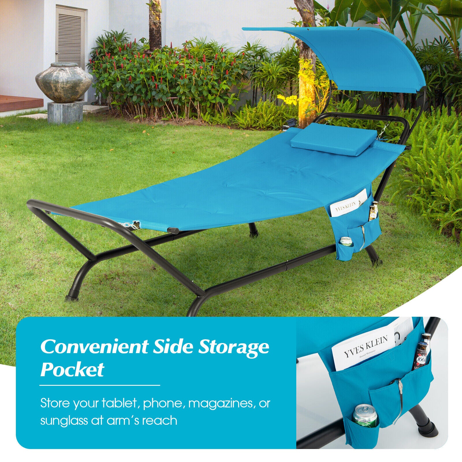 Side view of the Navy Hanging Chaise Lounge Chair with Canopy, highlighting the convenient side storage pocket for keeping essentials like phones and drinks within reach.
