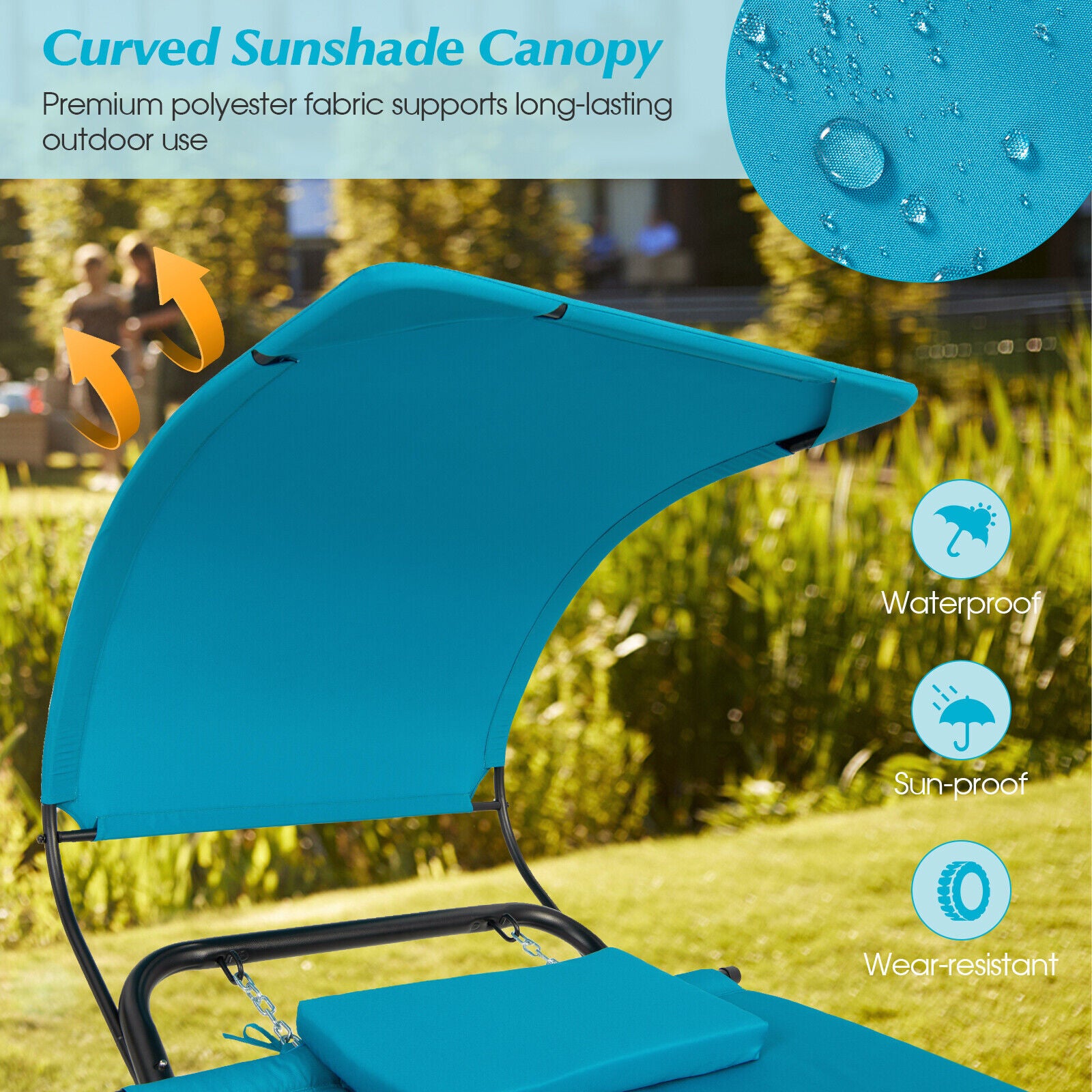 Navy Hanging Chaise Lounge Chair with Canopy, Thick Cushion, Storage Pocket & Anti-Slip Feet, highlighting its waterproof and sunproof features in a lush outdoor environment.